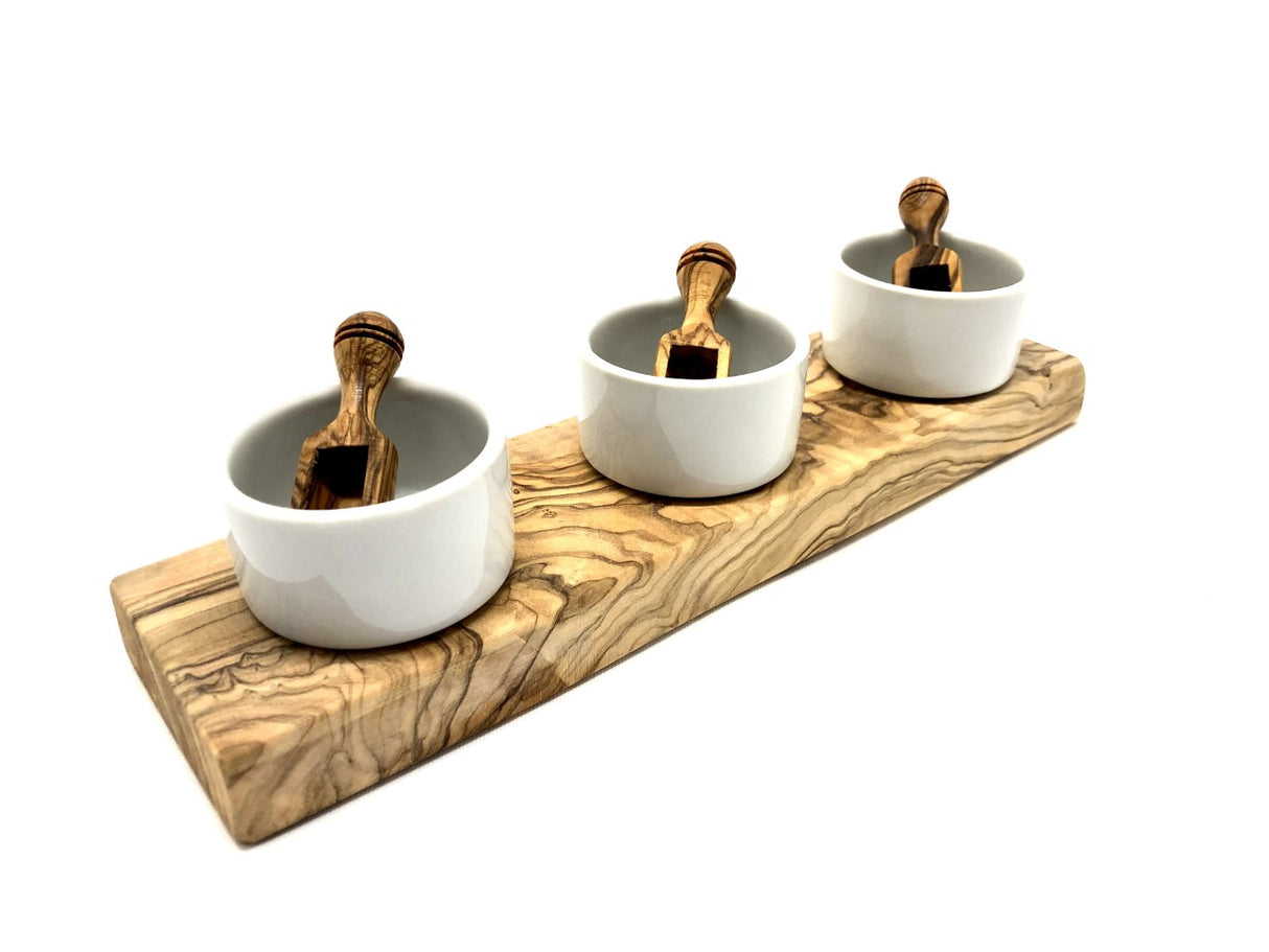 Sæt af 3 Dip Skåle i Porcelæn med Træskovle