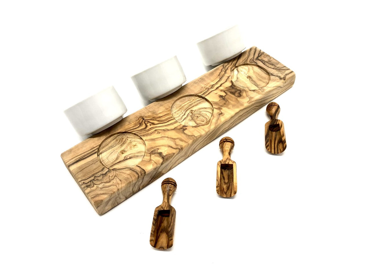 Sæt af 3 Dip Skåle i Porcelæn med Træskovle