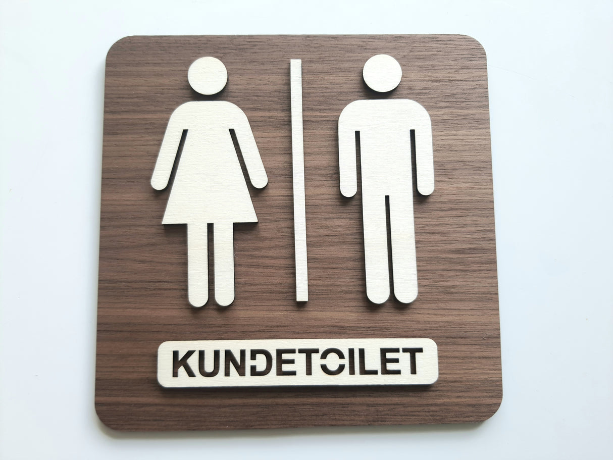 Elegant kunde toilet skilt med Mand og Dame piktogram I valnød- og poppeltræ