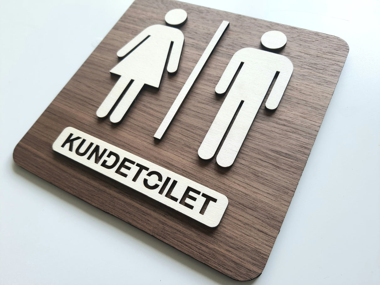 Elegant kunde toilet skilt med Mand og Dame piktogram I valnød- og poppeltræ