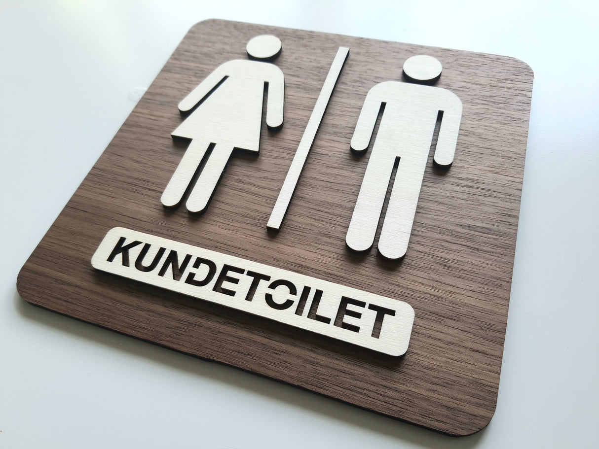 Elegant kunde toilet skilt med Mand og Dame piktogram I valnød- og poppeltræ