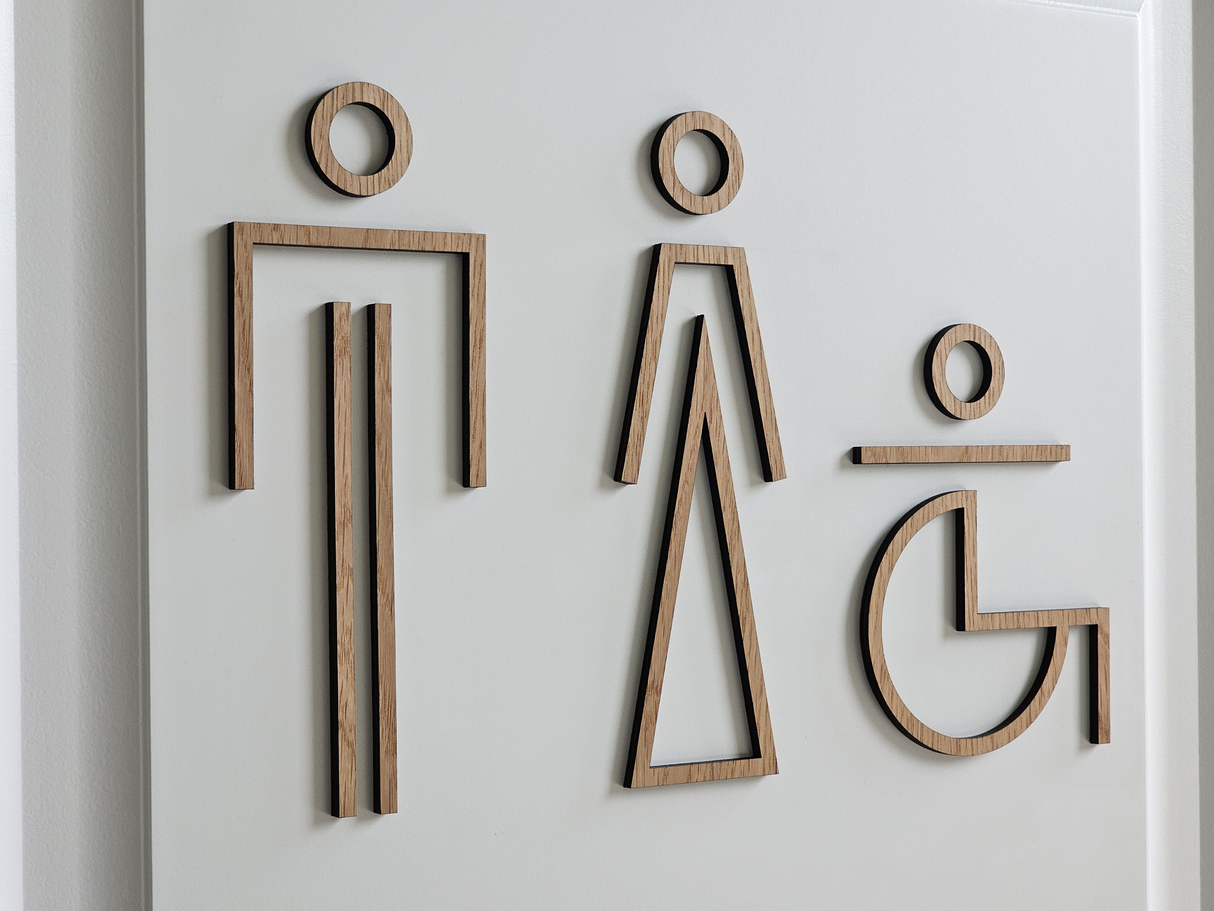 Unik och modern toalettskylt i trä - man, kvinna och handikapppiktogram - WC-skylt