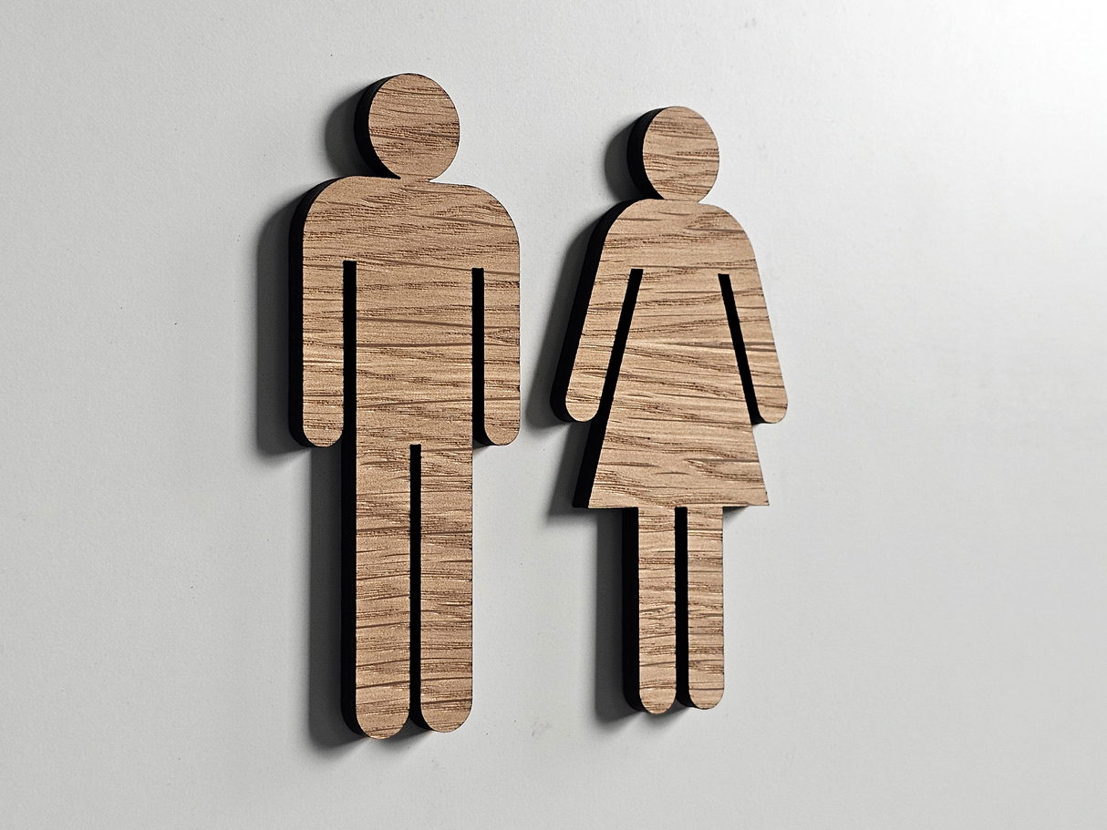 Toilet Skilt i Eg – Dame & Herre Piktogram (Ét Stykke)