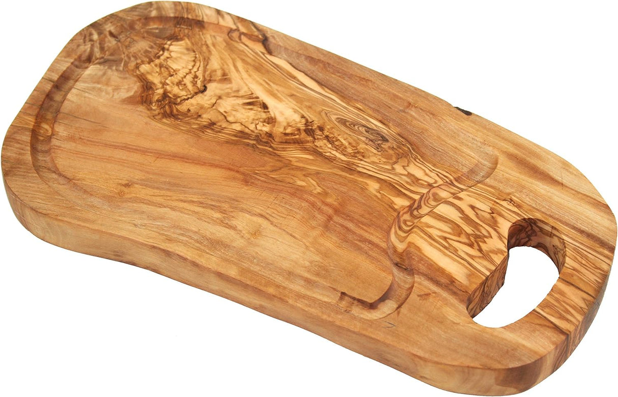 Serveringsbræt til bøf med saftrille og håndtag - i oliventræ