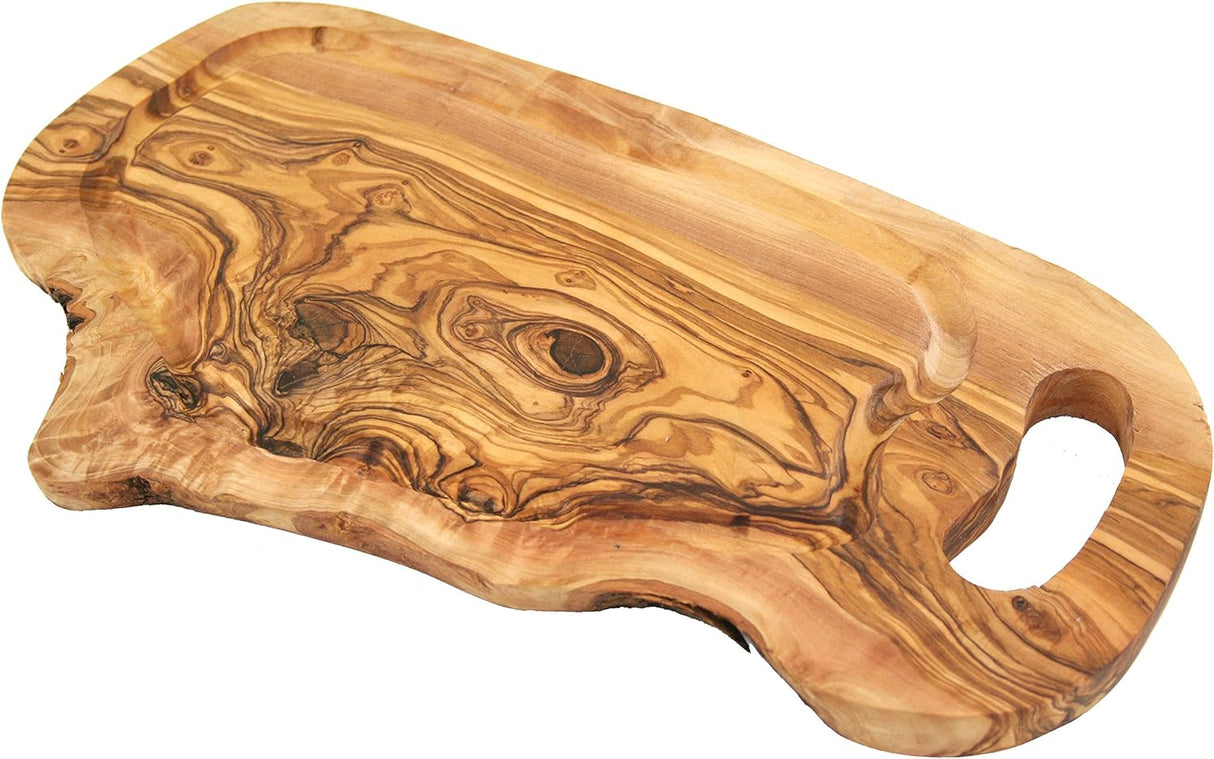 Serveringsbræt til bøf med saftrille og håndtag - i oliventræ