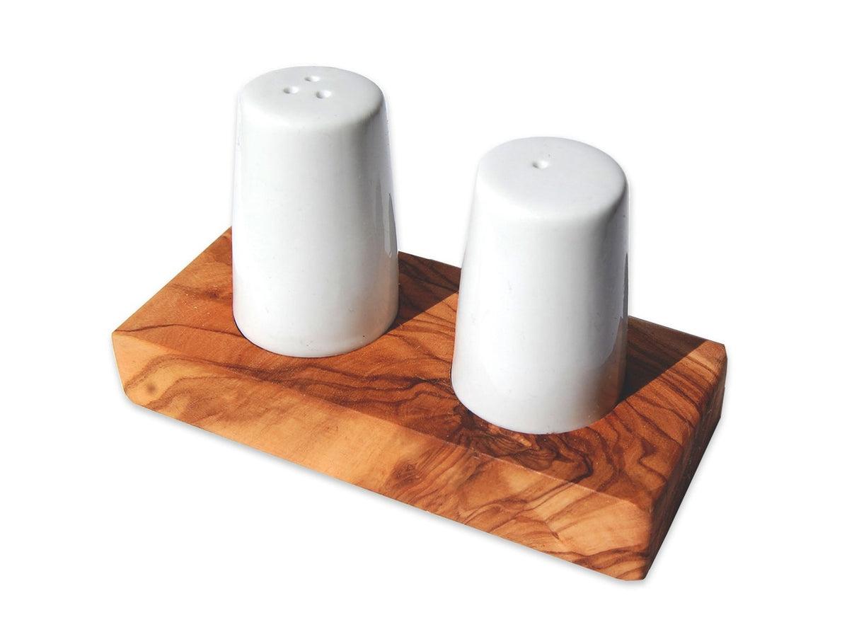 Sæt af Salt- og Peberbøsser med Oliventræsbakke