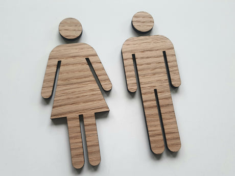 Toilet skilt i eg med dame og herre piktogram set fra skrå vinkel
