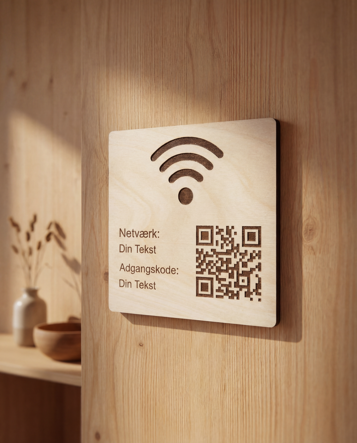 WiFi skilt i træ med QR kode i nordisk indretning