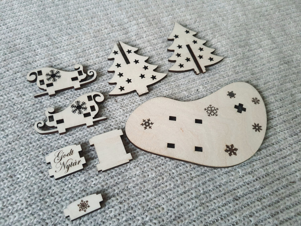 Personlig 3d Julekort med juletræ og julemandens kane i træ med valgfrit tekst