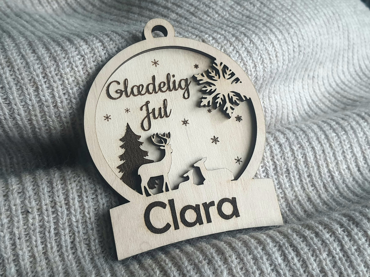 Personlig 3d Juleophæng med navn, rensdyr og snefnug - valgfrit tekst - Julekugle Julepynt Juledekoration