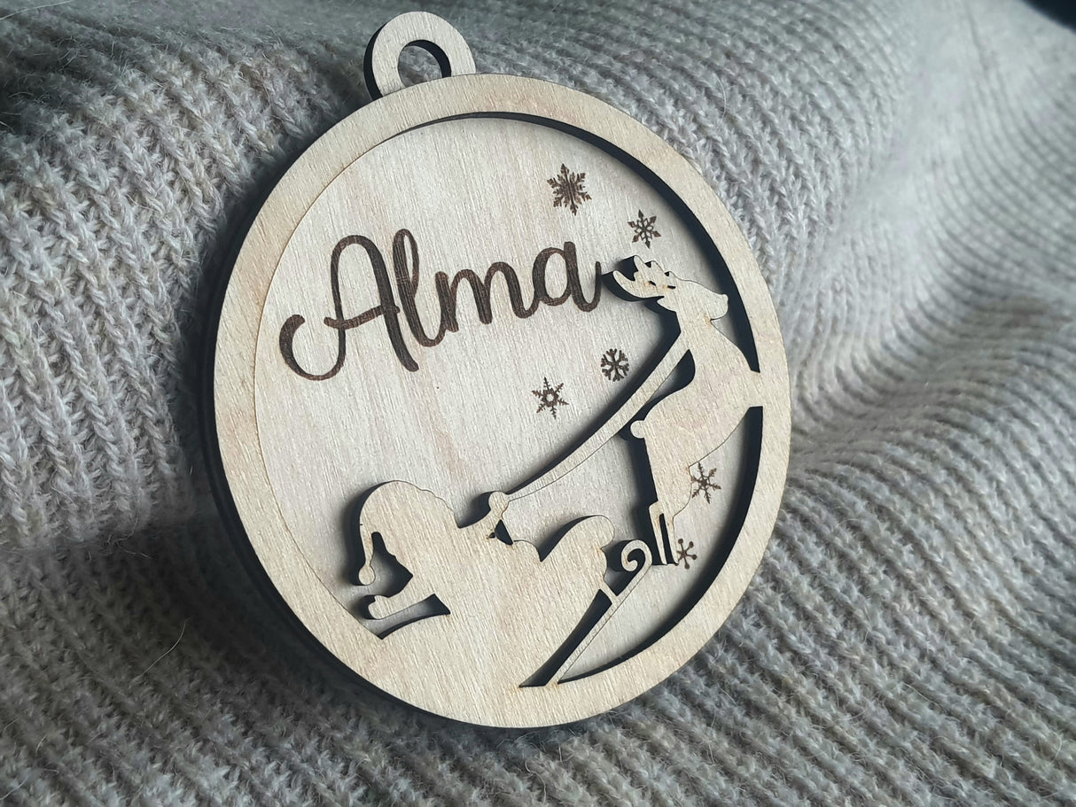 Personlig 3d Juleophæng med navn, Julemanden og rensdyr - valgfrit tekst - Julekugle Julepynt Juledekoration