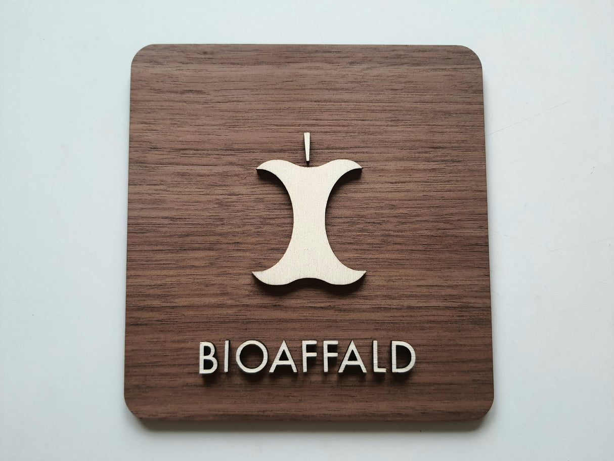 Bioaffald/Madaffald skilt - Dansk affaldsortering I valnød- og poppeltræ