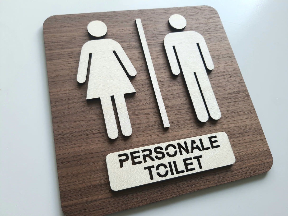 Elegant Peronale Toilet skilt med Mand og Dame piktogram I valnød- og poppeltræ