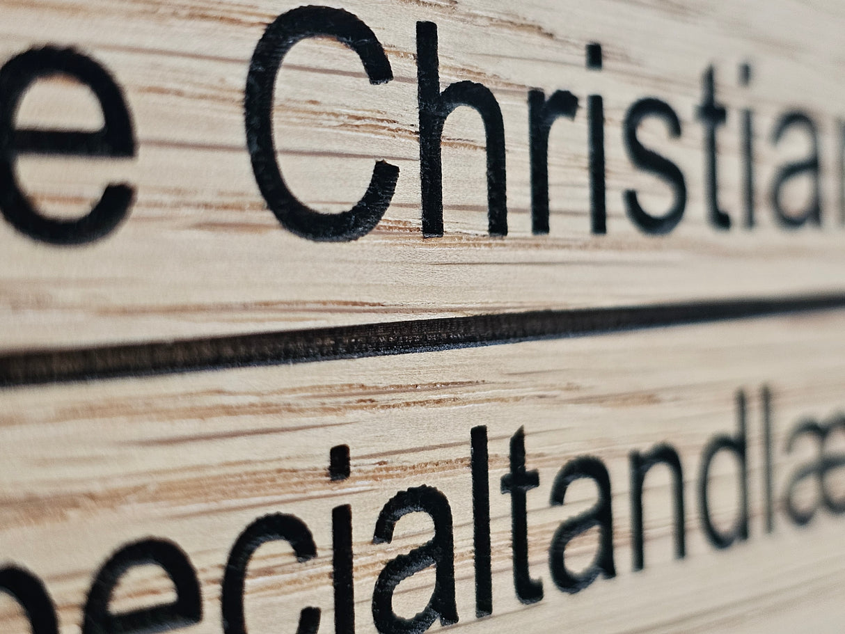 Navneskilt til dør i egetræ - navn og titel med skillelinje (2,5:1)