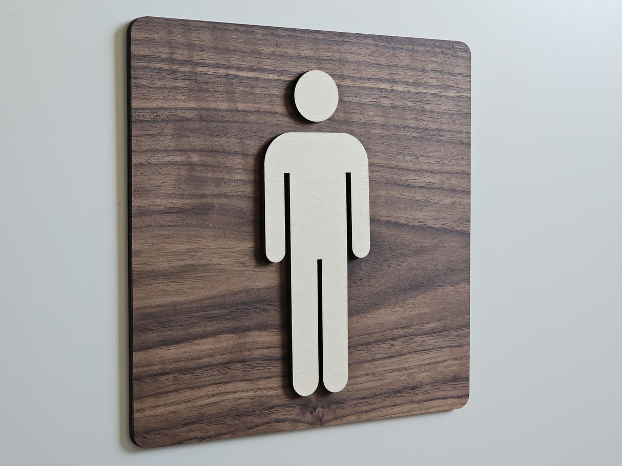 Elegant Toalettskylt med Man-piktogram I valnöt och poppelträ - Herrtoalett