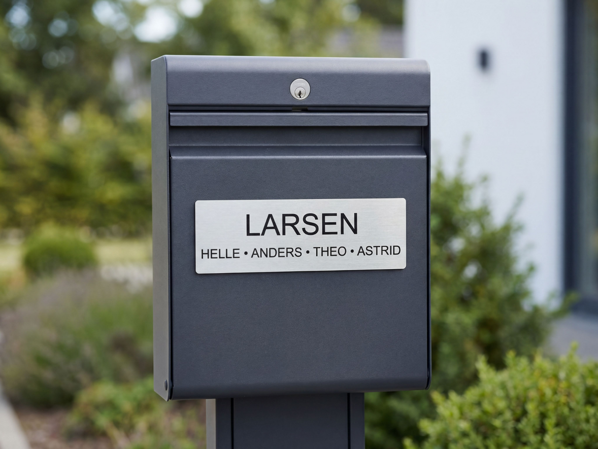 Navneskilt til postkasse med familienavn og fornavne