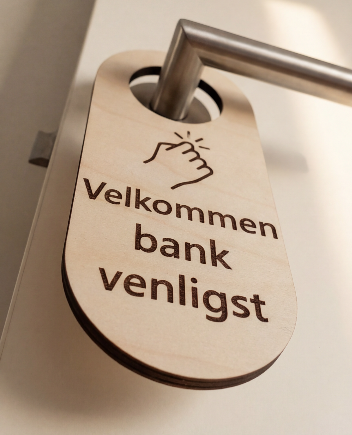 Velkommen bank venligst – Dørhænger i træ