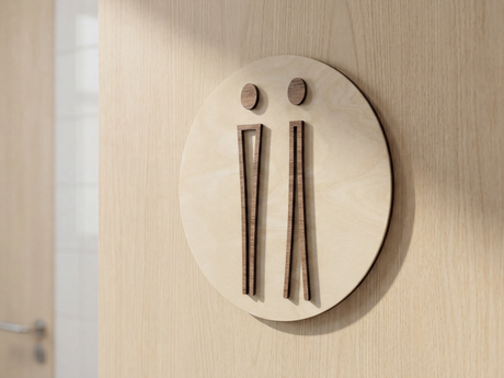 Detalje af toiletskilt i træ med lys birkebaggrund og elegante piktogrammer