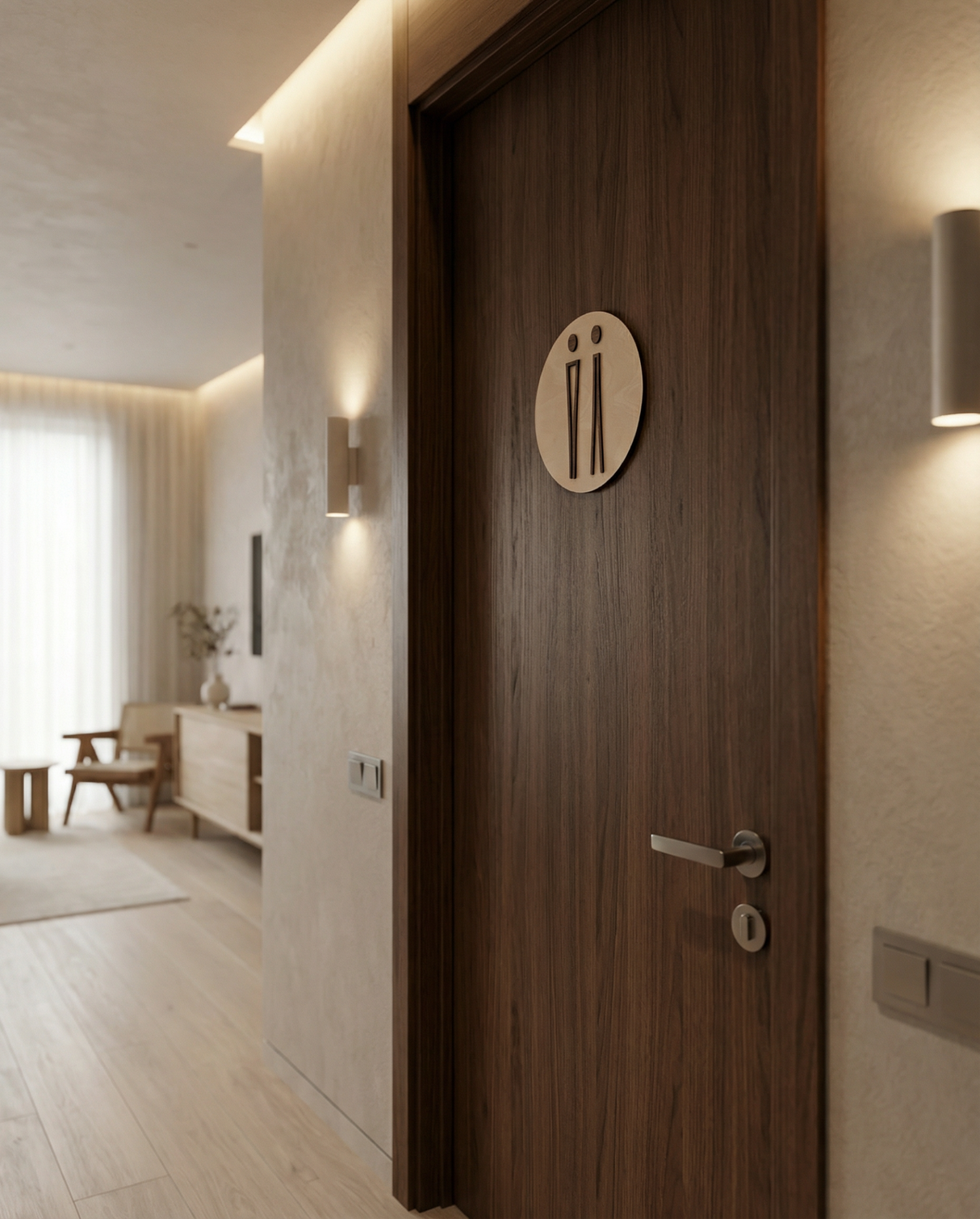 Toiletskilt i træ med lys birk og mørk valnød monteret på mørk trædør