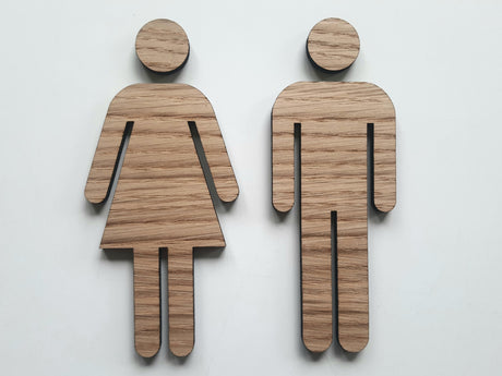 Toilet skilt i eg med dame og herre toilet piktogram vist lige forfra