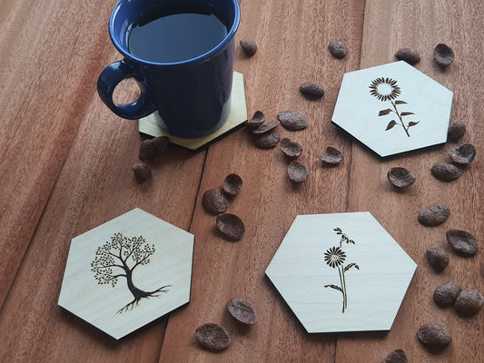 Sekskantet bordskånere i træ med gravering- ølbrikker - Coasters